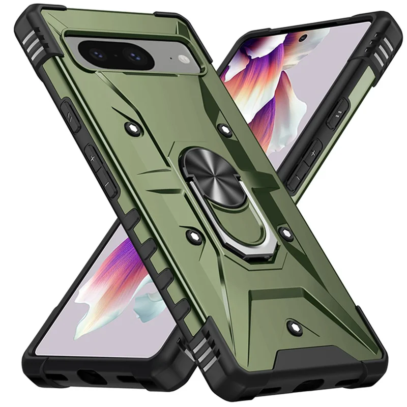 For Google Pixel 8 TPU+ PC Combination Protective Case Ring Holder Kickstand Shockproof Phone Cover - Army Green