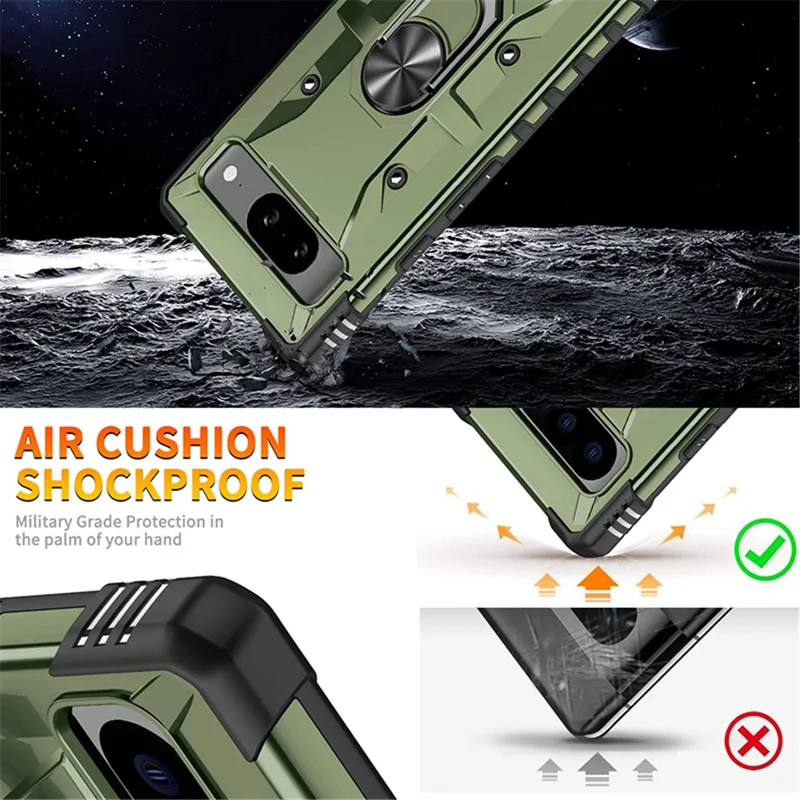 For Google Pixel 8 TPU+ PC Combination Protective Case Ring Holder Kickstand Shockproof Phone Cover - Army Green