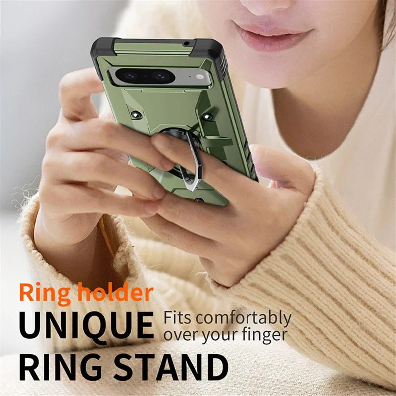 For Google Pixel 8 TPU+ PC Combination Protective Case Ring Holder Kickstand Shockproof Phone Cover - Army Green