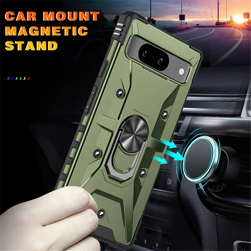 For Google Pixel 8 TPU+ PC Combination Protective Case Ring Holder Kickstand Shockproof Phone Cover - Army Green