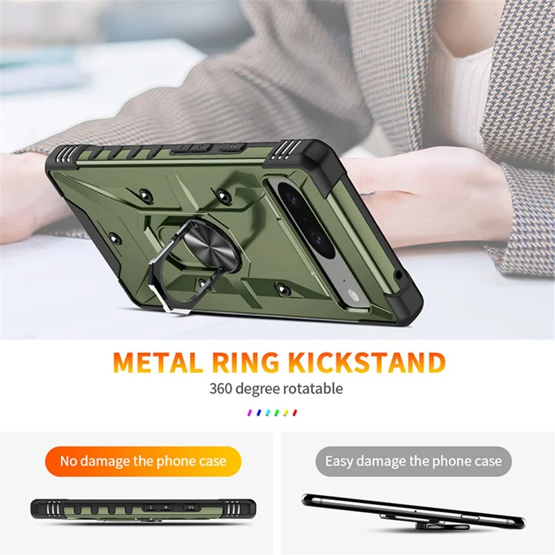 For Google Pixel 8 TPU+ PC Combination Protective Case Ring Holder Kickstand Shockproof Phone Cover - Army Green