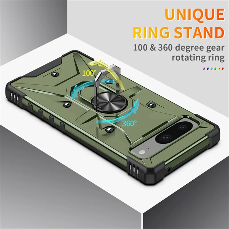For Google Pixel 8 TPU+ PC Combination Protective Case Ring Holder Kickstand Shockproof Phone Cover - Army Green