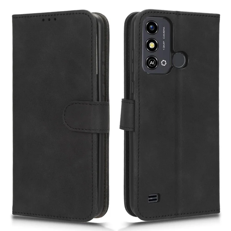 Für ZTE Blade A53 Skin-touch PU Leder Brieftasche Flip Cover Folding Ständer Telefonhülle - Schwarz