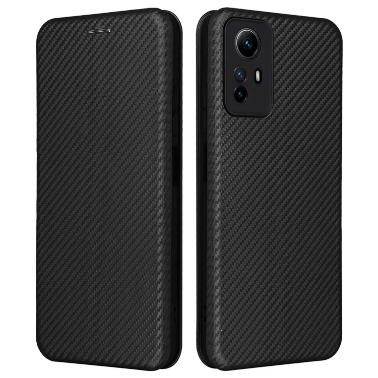 For Xiaomi Redmi Note 12S 4G Card Holder Leather Phone Case Carbon Fiber Texture Stand Cover - Black