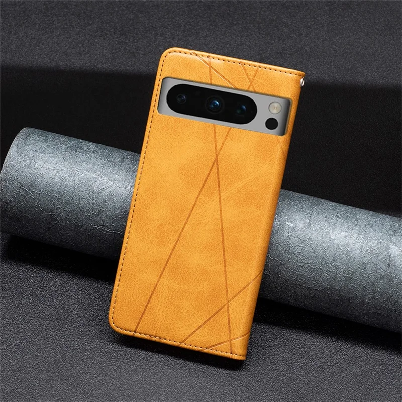 For Google Pixel 8 Pro Imprinted Line Phone Case Stand Leather Card Holder Phone Cover - Yellow