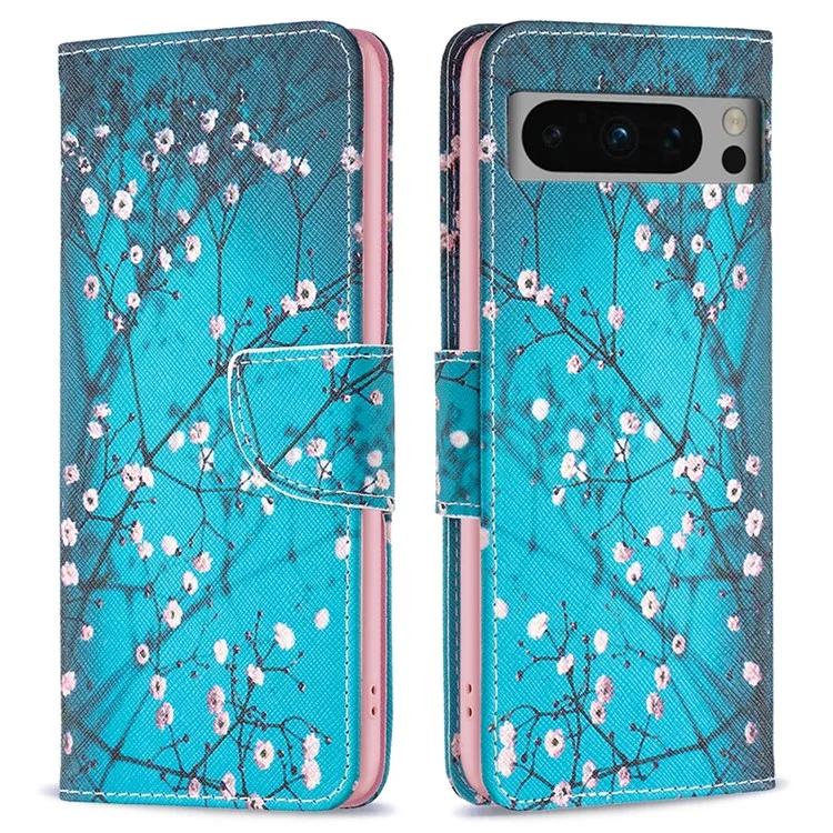 For Google Pixel 8 Pro Flip Stand Phone Case Pattern Printing PU Leather Wallet Cover - Plum Blossom
