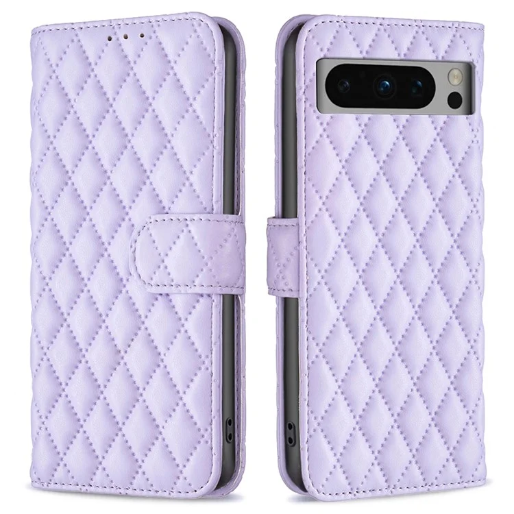 BINFEN COLOR BF Style-14 для Google Pixel 8 Pro Гравированный чехол-бумажник из ПУ-кожи с защитой от падения - Фиолетовый
