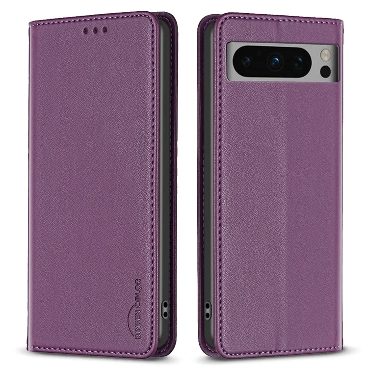 BINFEN COLOR BF18 Protective Case for Google Pixel 8 Pro Phone Case Leather Flip Cover with Card Holder - Dark Purple