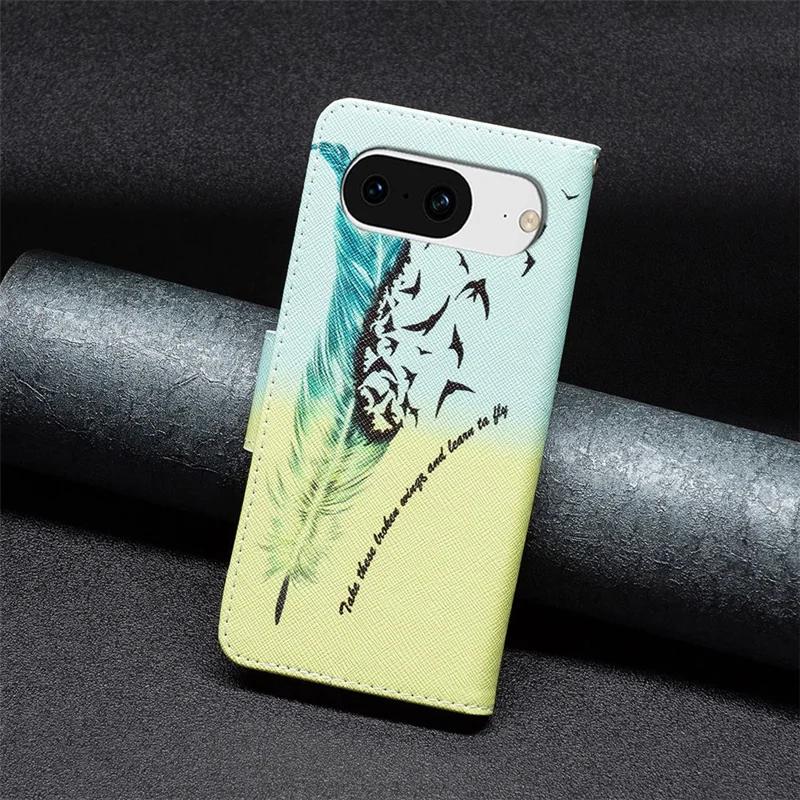 For Google Pixel 8 Pattern Printing Leather Wallet Phone Cover Flip Stand Protective Case - Feather and Birds