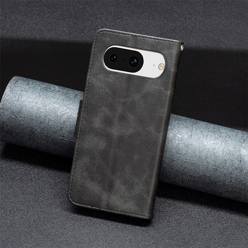 For Google Pixel 8 Textured Stand Phone Case Solid Color Wallet PU Leather + Inner TPU Phone Cover - Black