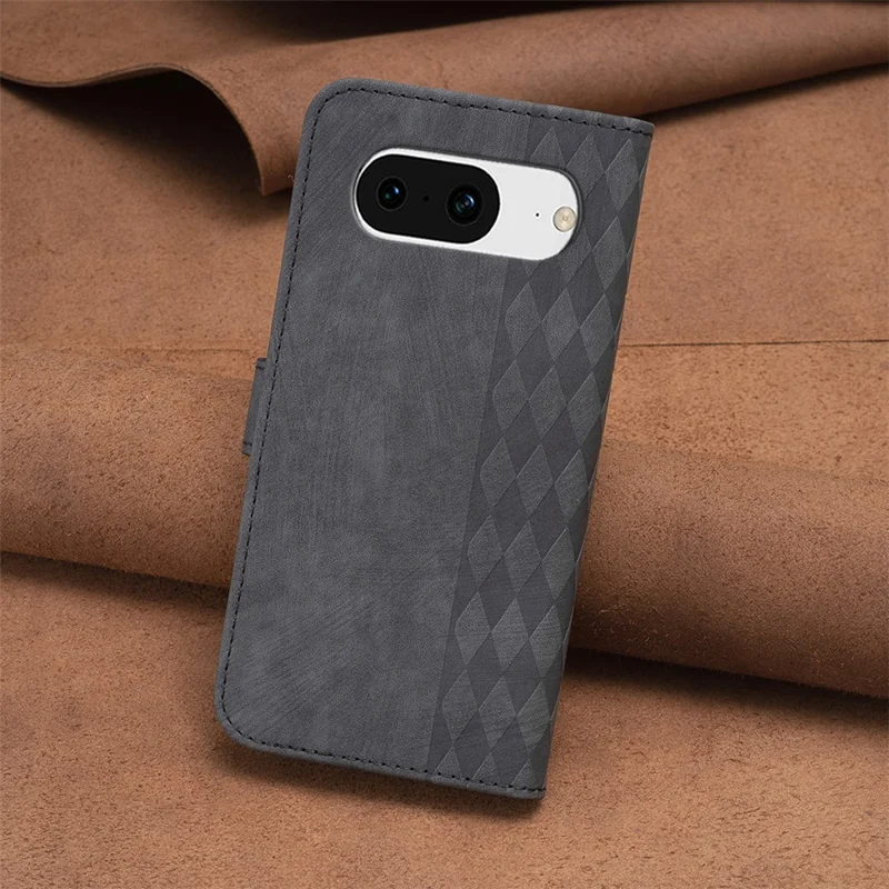 Para Google Pixel 8 Anti-Drop PU Leather Cover Grid Pattern Imprinted Phone Case with Stand Wallet - Black