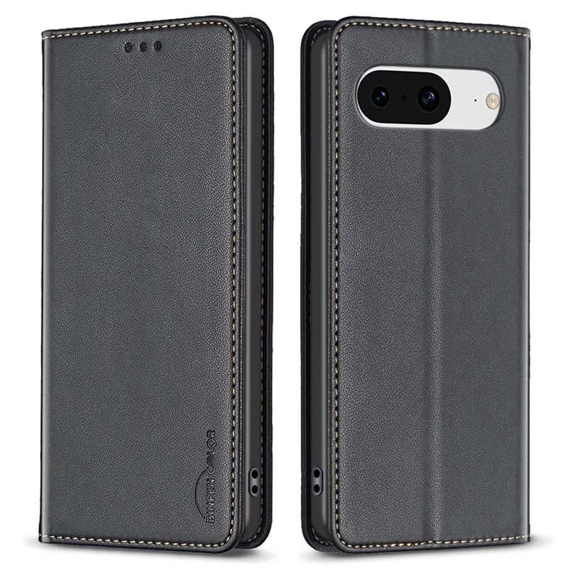 BINFEN COLOR BF18 Kartensteckplatz Handyhülle für Google Pixel 8 Stoßfeste Hülle Lederfolio Flip Cover - Schwarz