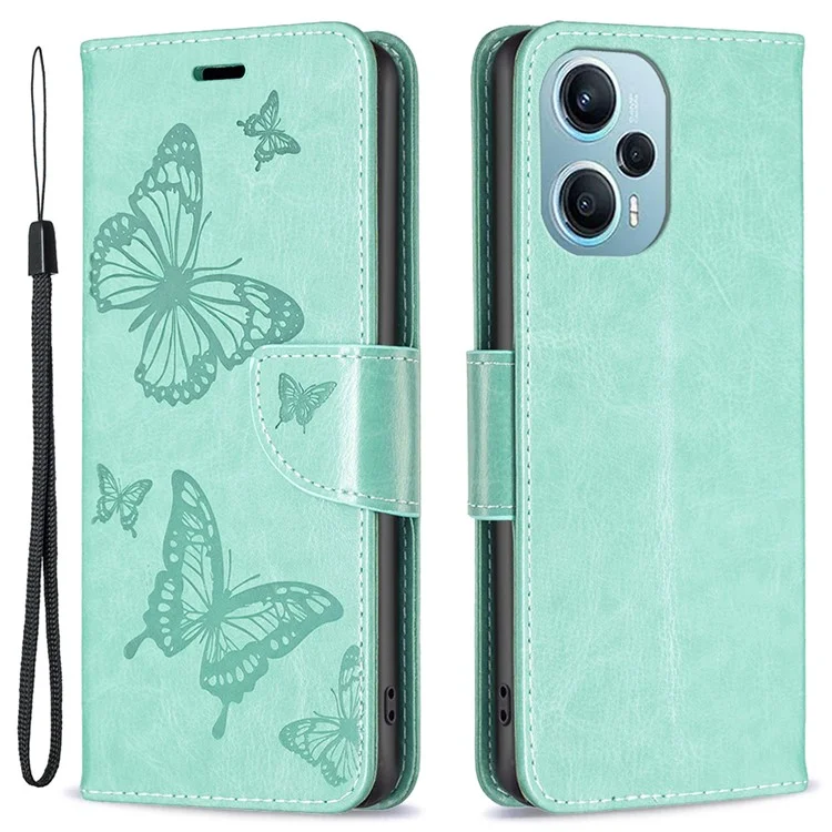 Für Xiaomi Poco F5 5G / Redmi Note 12 Turbo Wallet Phone Case Butterfly Imprinted Leather Flip Cover with Strap - Grün