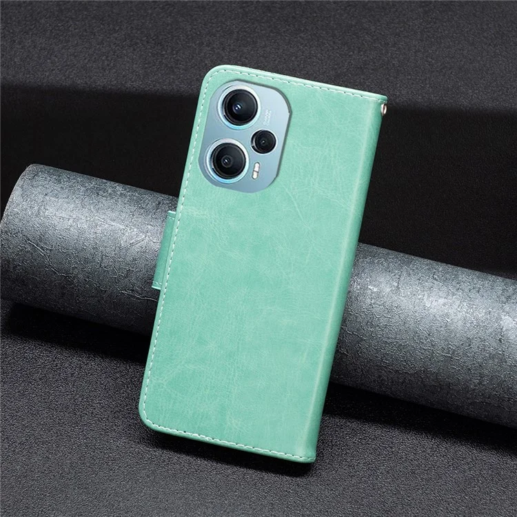 Für Xiaomi Poco F5 5G / Redmi Note 12 Turbo Wallet Phone Case Butterfly Imprinted Leather Flip Cover with Strap - Grün