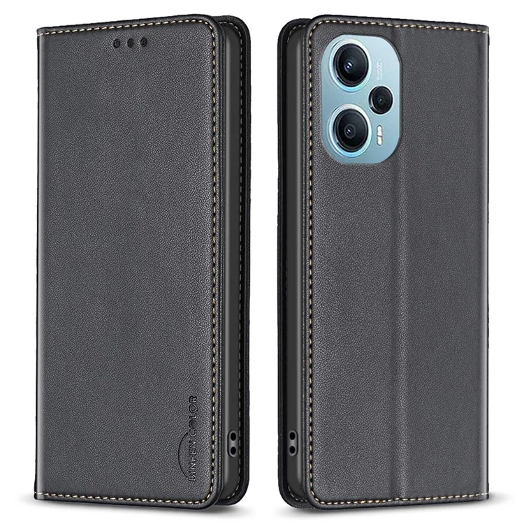 BINFEN COLOR BF18 Pour Xiaomi Poco F5 5G / Redmi Note 12 Turbo Étui en Cuir PU Fente pour Carte Support Étui de Téléphone - Noir