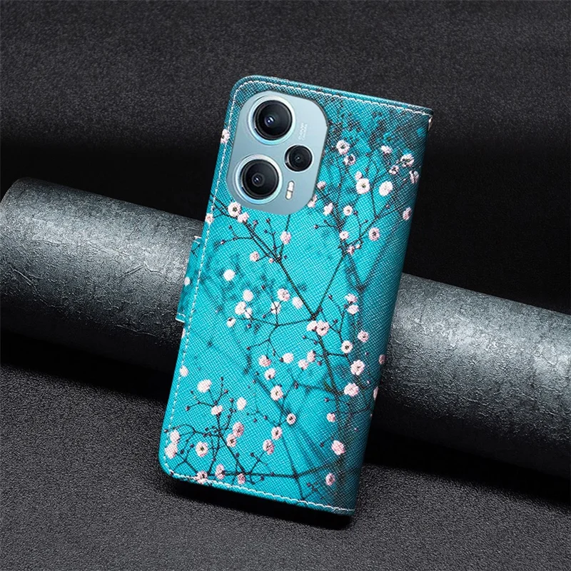 لـ Xiaomi Poco F5 5G / Redmi Note 12 Turbo غطاء هاتف بطبعة نمط مقاوم للسقوط مع محفظة وحامل جلد - زهرة الخوخ