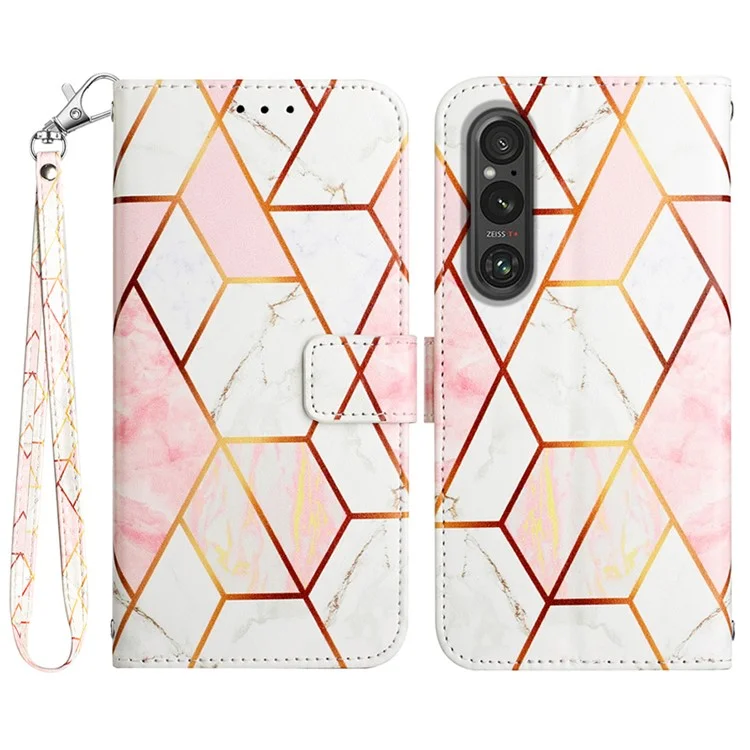 YB Pattern Printing Leather Series-5 per Sony Xperia 1 V Custodia in pelle con motivo a marmo Custodia a portafoglio con supporto - Rosa+Bianco LS002