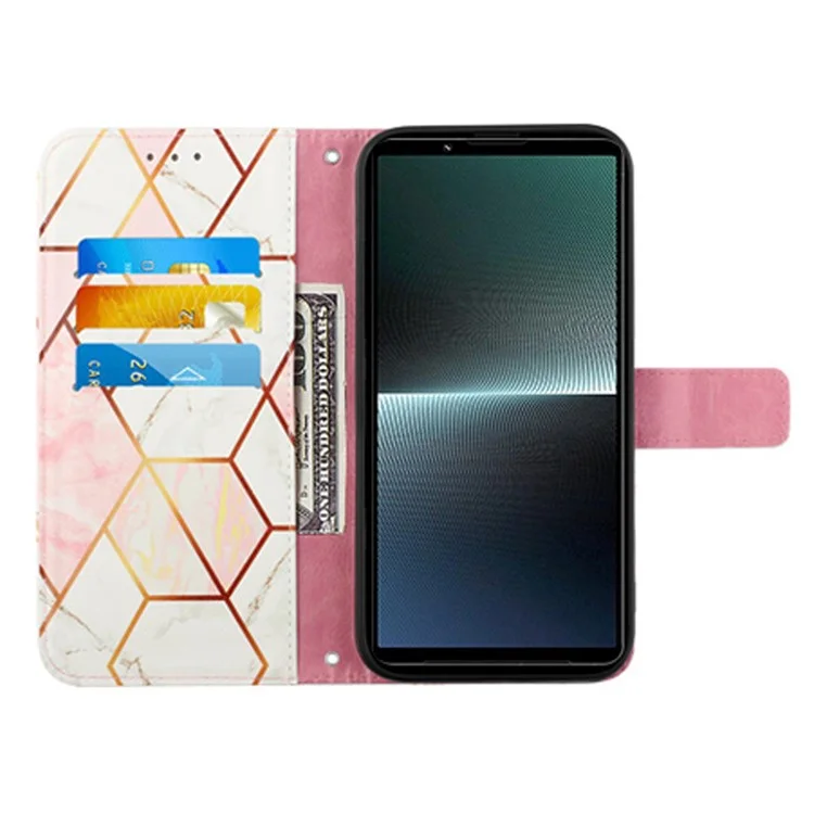 YB Pattern Printing Leather Series-5 per Sony Xperia 1 V Custodia in pelle con motivo a marmo Custodia a portafoglio con supporto - Rosa+Bianco LS002
