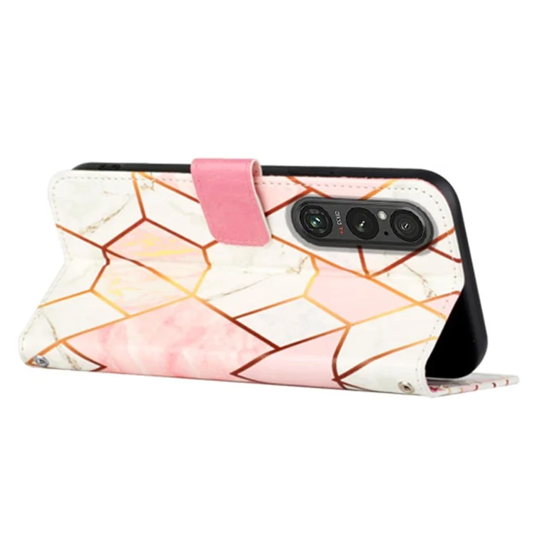 YB Pattern Printing Leather Series-5 per Sony Xperia 1 V Custodia in pelle con motivo a marmo Custodia a portafoglio con supporto - Rosa+Bianco LS002