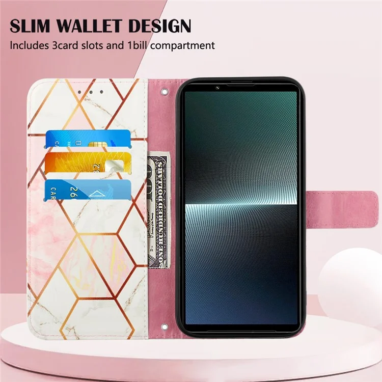 YB Pattern Printing Leather Series-5 per Sony Xperia 1 V Custodia in pelle con motivo a marmo Custodia a portafoglio con supporto - Rosa+Bianco LS002