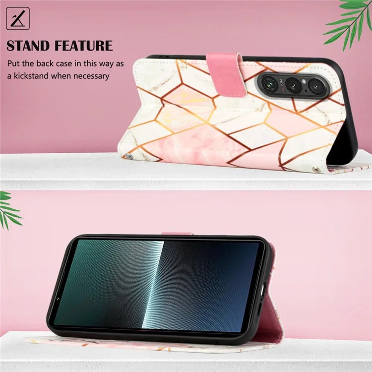 YB Pattern Printing Leather Series-5 per Sony Xperia 1 V Custodia in pelle con motivo a marmo Custodia a portafoglio con supporto - Rosa+Bianco LS002