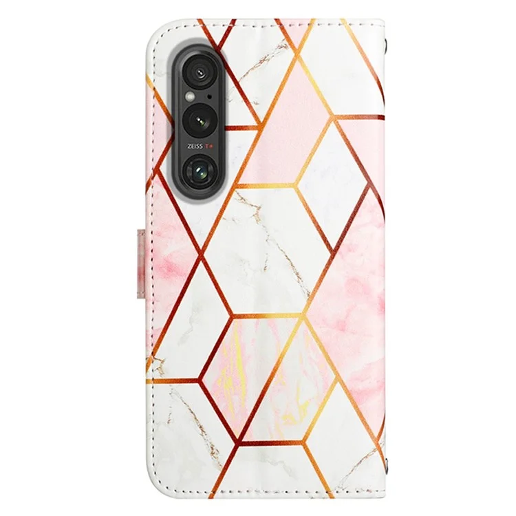 YB Pattern Printing Leather Series-5 per Sony Xperia 1 V Custodia in pelle con motivo a marmo Custodia a portafoglio con supporto - Rosa+Bianco LS002