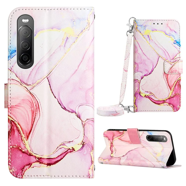 For Sony Xperia 10 V Leather Case with Shoulder Strap Marble Pattern Phone Stand Cover - Rose Gold LS005