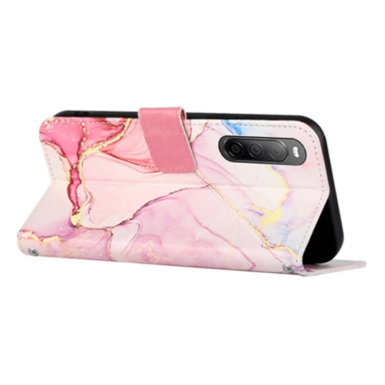 For Sony Xperia 10 V Leather Case with Shoulder Strap Marble Pattern Phone Stand Cover - Rose Gold LS005