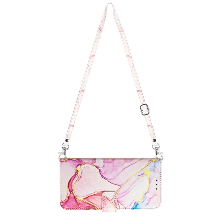For Sony Xperia 10 V Leather Case with Shoulder Strap Marble Pattern Phone Stand Cover - Rose Gold LS005