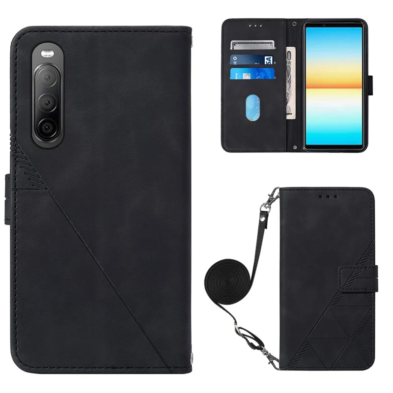 For Sony Xperia 10 V Leather Case with Shoulder Strap Wallet Stand Phone Cover - Black