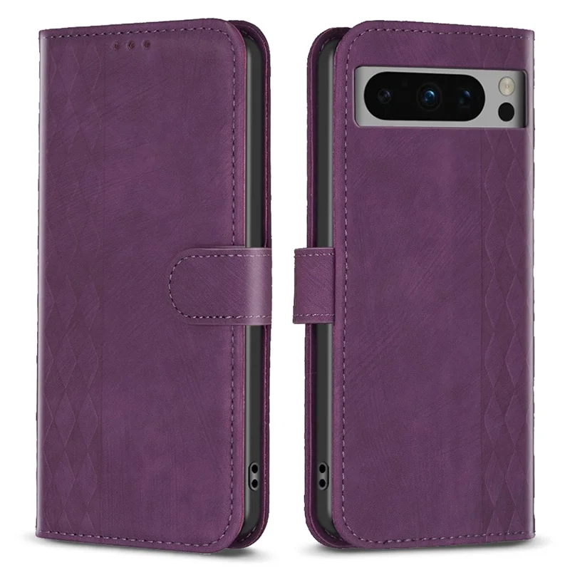 For Google Pixel 8 Pro PU Leather Phone Case Grid Pattern Imprinted Phone Cover with Stand Wallet - Purple