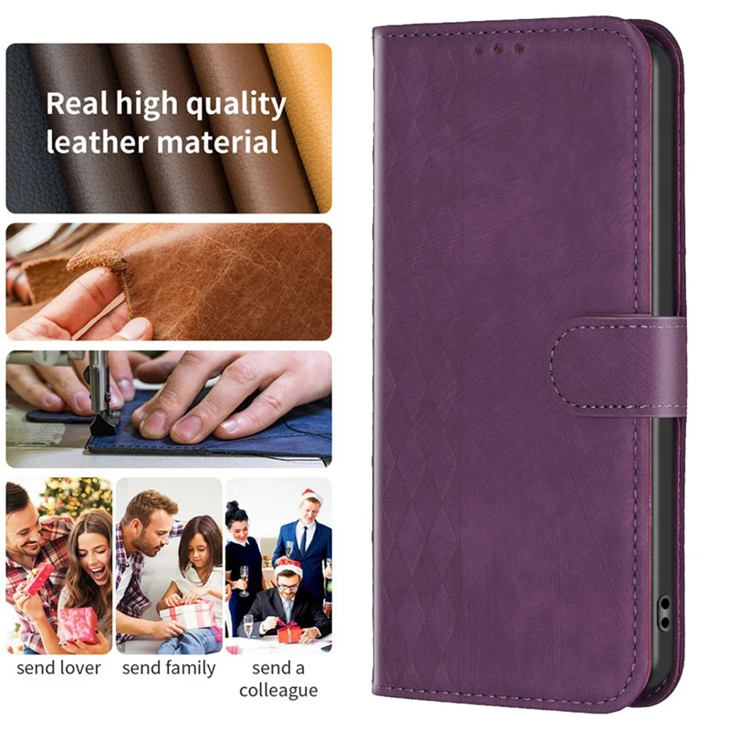 For Google Pixel 8 Pro PU Leather Phone Case Grid Pattern Imprinted Phone Cover with Stand Wallet - Purple