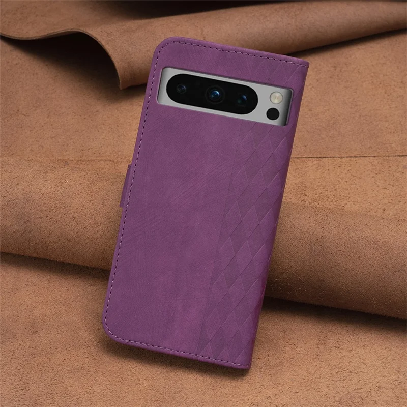 For Google Pixel 8 Pro PU Leather Phone Case Grid Pattern Imprinted Phone Cover with Stand Wallet - Purple