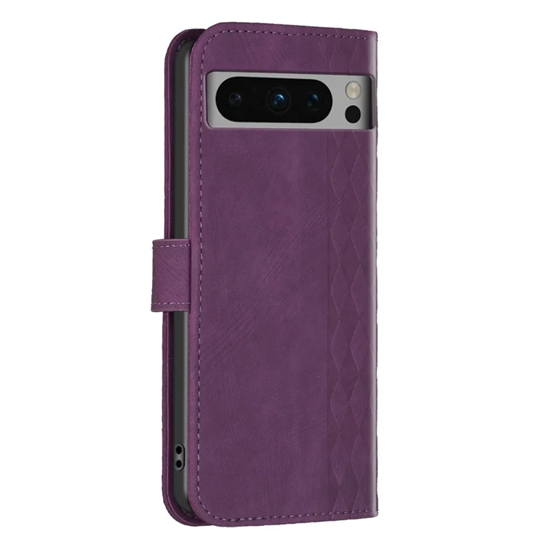 For Google Pixel 8 Pro PU Leather Phone Case Grid Pattern Imprinted Phone Cover with Stand Wallet - Purple