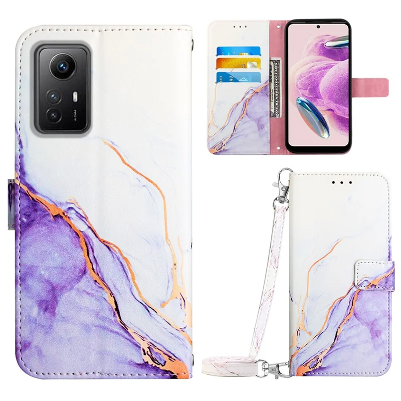 Para Xiaomi Redmi Note 12S 4G YB Padrão de Impressão Série de Couro-6 Capa de Telefone Stand Carteira Padrão de Mármore Capa de Telefone - Branco / Roxo LS006