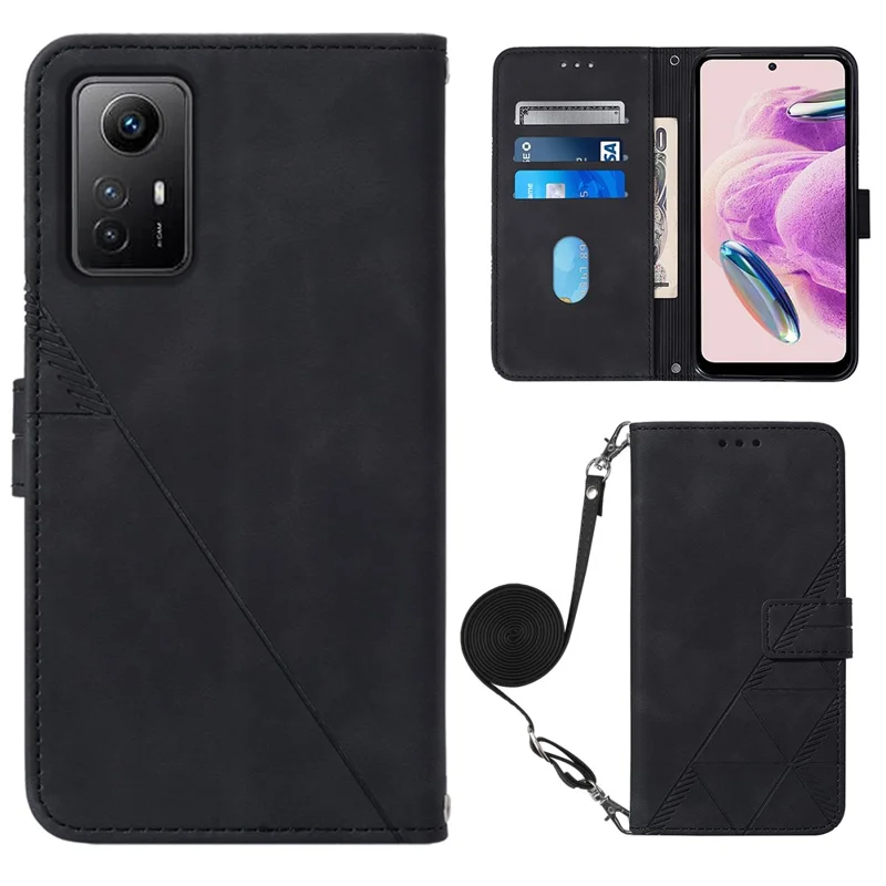 For Xiaomi Redmi Note 12S 4G Leather Case with Shoulder Strap Wallet Stand Phone Cover - Black