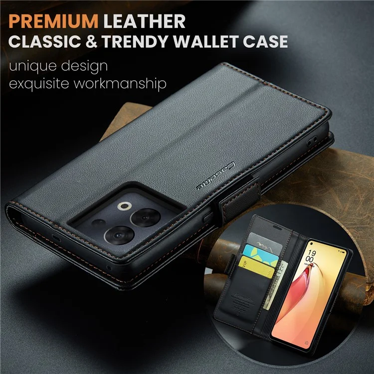 CASEME 023 Serie RFID Blocking Phone Cover für Oppo Reno8 Pro 5G (Globale Version) PU-Leder Geldbörse Ständer Hülle - Schwarz