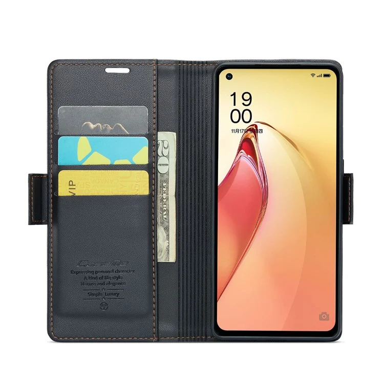 CASEME 023 Serie RFID Blocking Phone Cover für Oppo Reno8 Pro 5G (Globale Version) PU-Leder Geldbörse Ständer Hülle - Schwarz