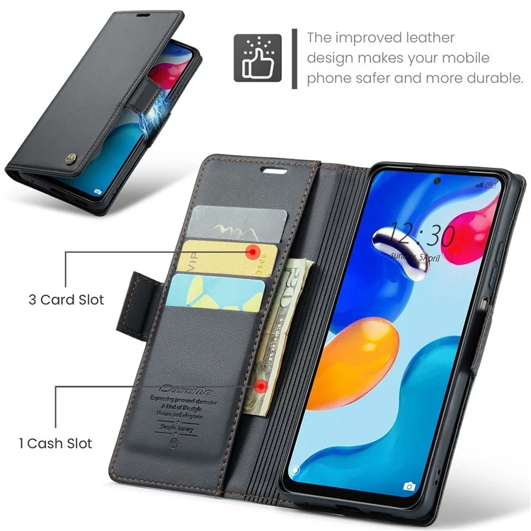 CASEME 023 Série Étui de Portefeuille à Blocage RFID pour Xiaomi Redmi Note 11 4G (Qualcomm) / Note 11S 4G - Noir