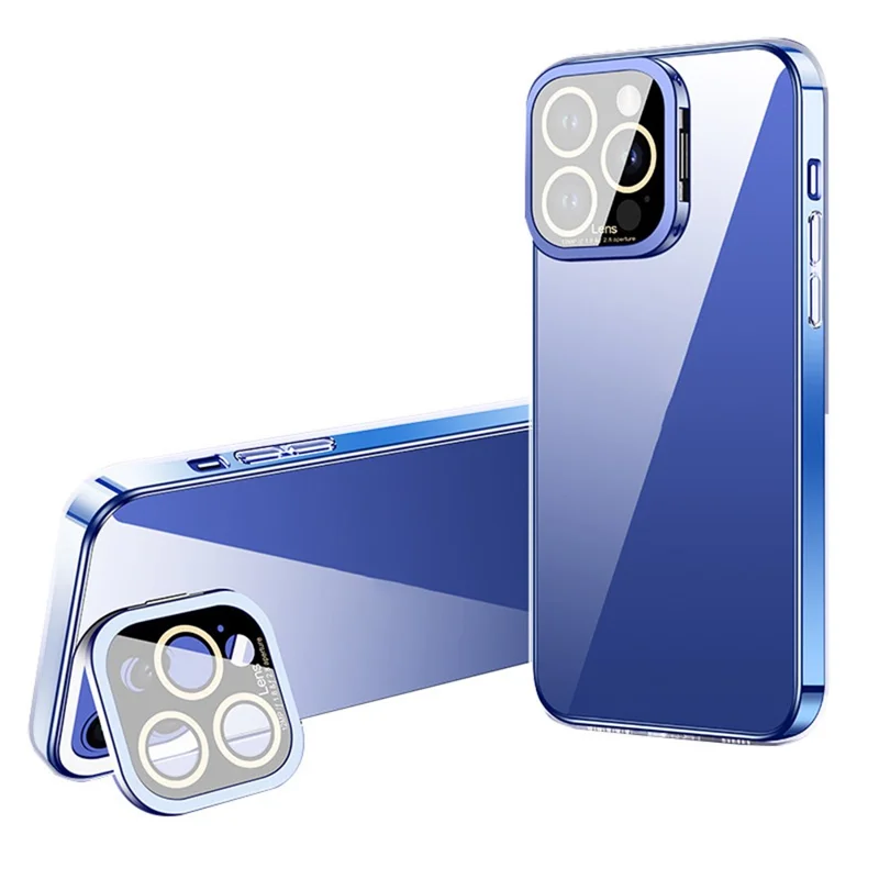 VOERO For iPhone 12 Pro Electroplating TPU Phone Case Glass Camera Film Kickstand Back Cover - Transparent