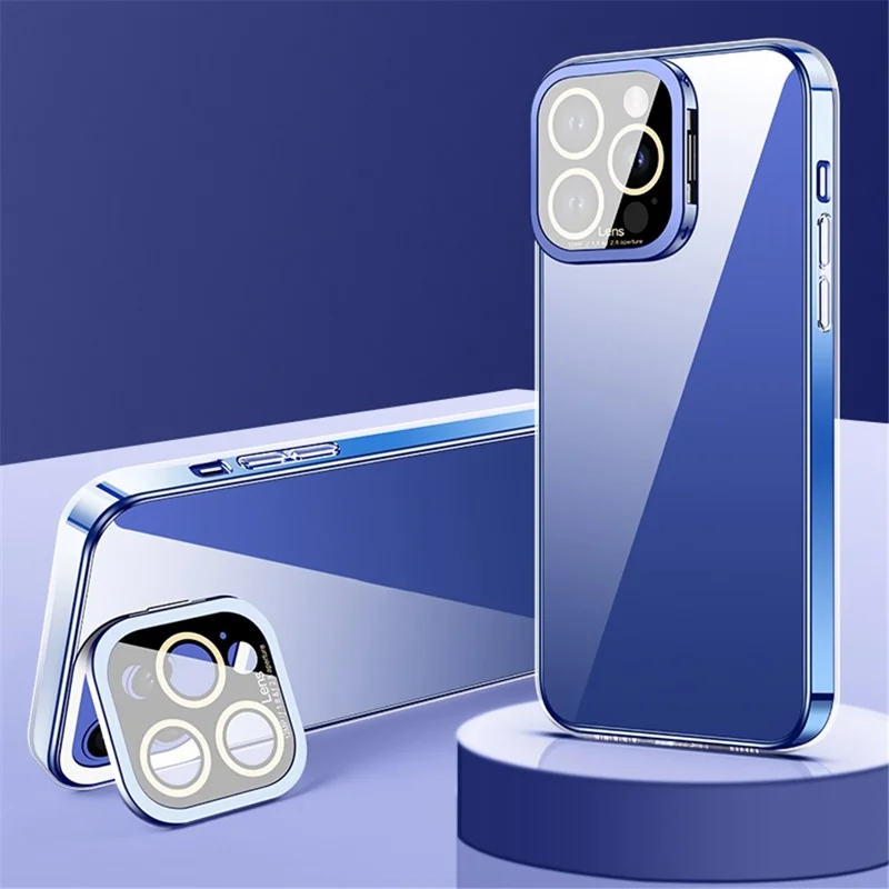 VOERO For iPhone 12 Pro Electroplating TPU Phone Case Glass Camera Film Kickstand Back Cover - Transparent