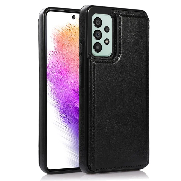 For Samsung Galaxy A73 5G Dual Buttons Card Holder Kickstand Smartphone Cover PU Leather Coated TPU Phone Case - Black