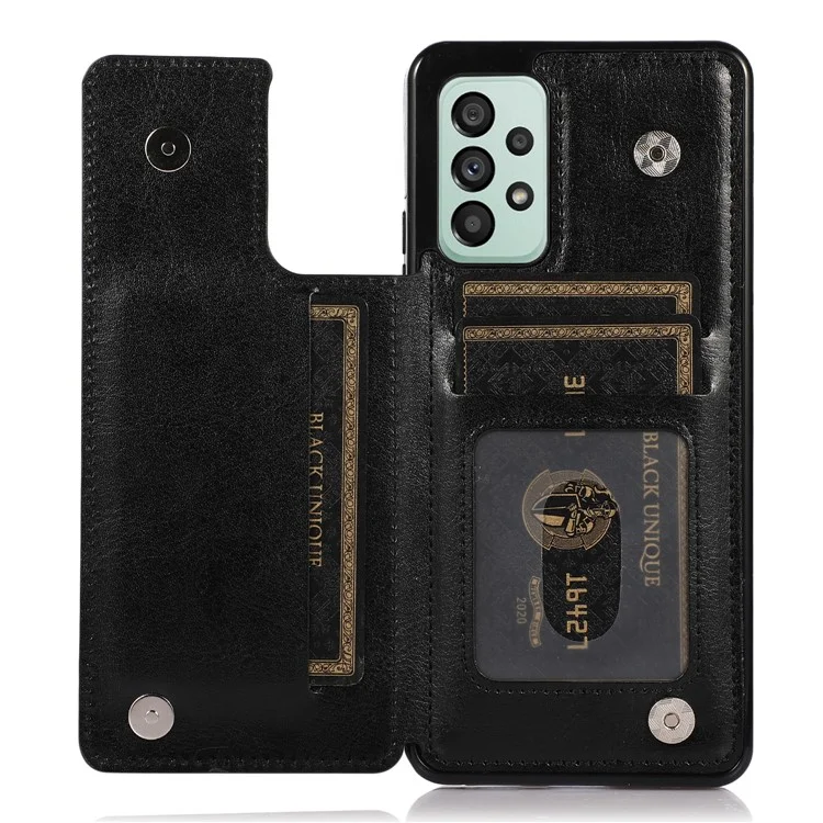 For Samsung Galaxy A73 5G Dual Buttons Card Holder Kickstand Smartphone Cover PU Leather Coated TPU Phone Case - Black