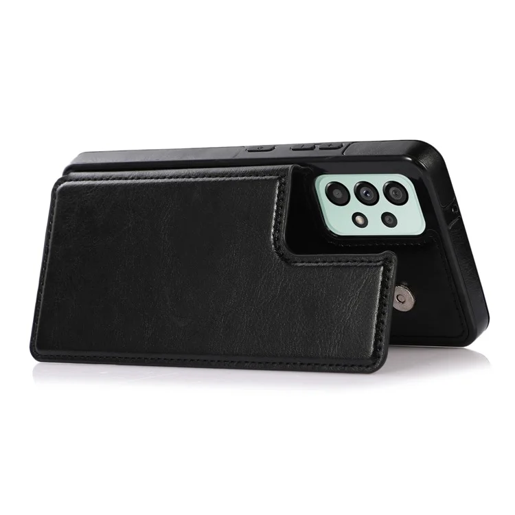 For Samsung Galaxy A73 5G Dual Buttons Card Holder Kickstand Smartphone Cover PU Leather Coated TPU Phone Case - Black