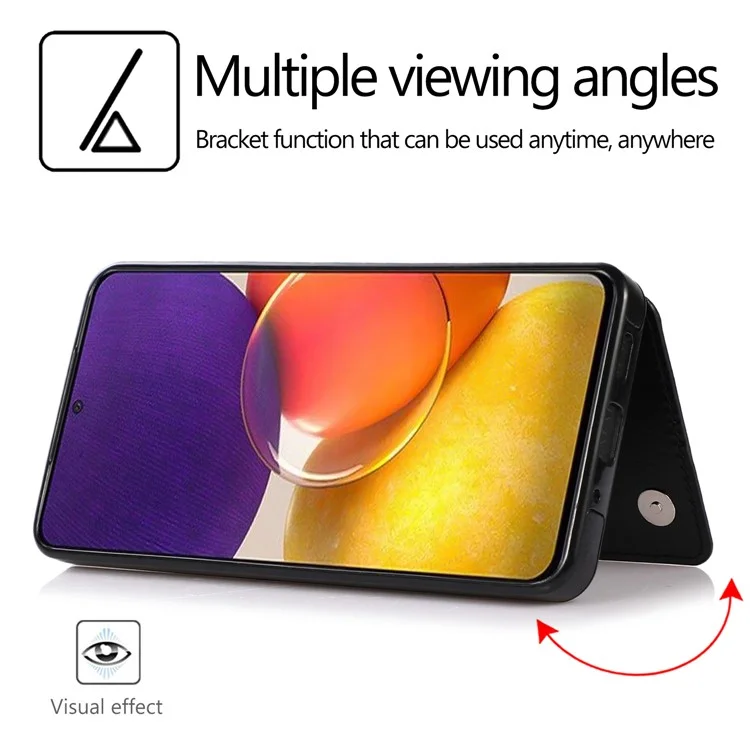 For Samsung Galaxy A73 5G Dual Buttons Card Holder Kickstand Smartphone Cover PU Leather Coated TPU Phone Case - Black