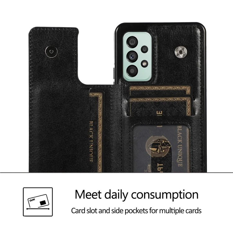 For Samsung Galaxy A73 5G Dual Buttons Card Holder Kickstand Smartphone Cover PU Leather Coated TPU Phone Case - Black