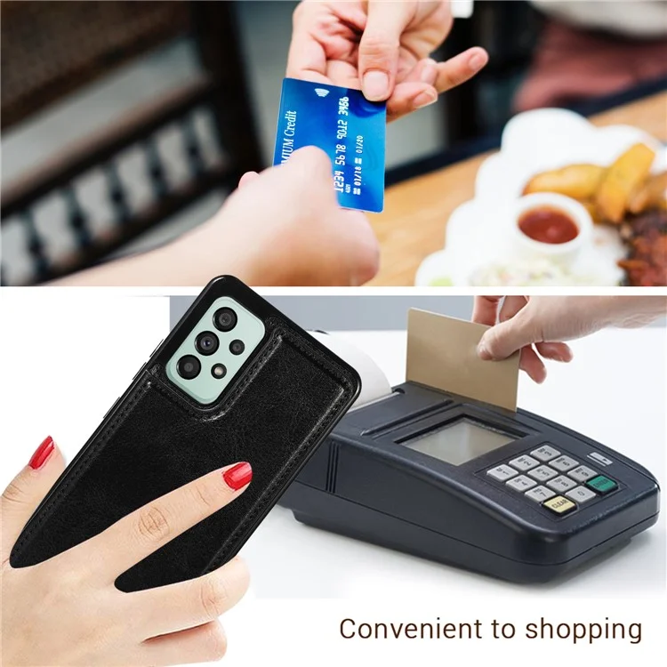 For Samsung Galaxy A73 5G Dual Buttons Card Holder Kickstand Smartphone Cover PU Leather Coated TPU Phone Case - Black