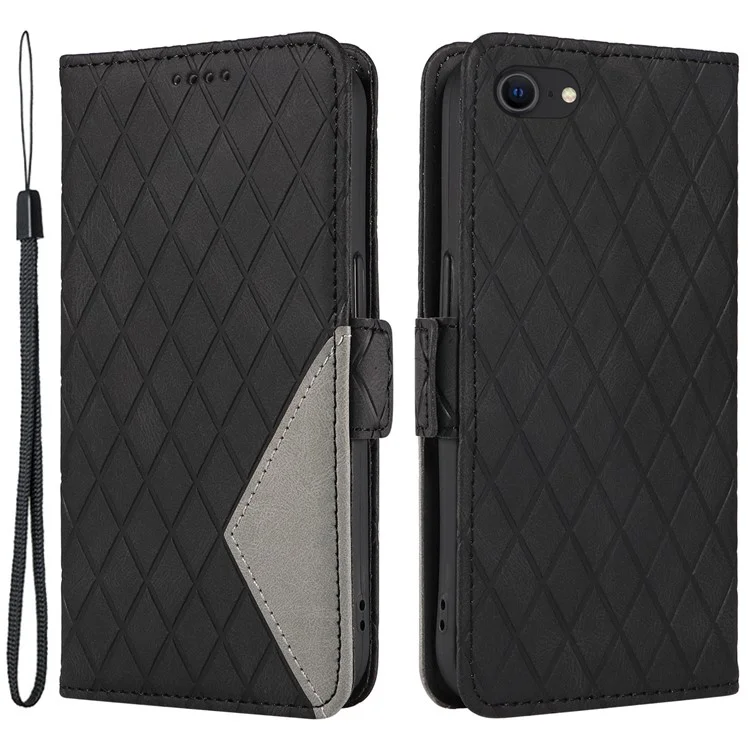 For iPhone 6 / 6s / 7 / 8 / SE (2020) / SE (2022) Rhombus Imprinted Stand Cover Color Splicing Phone Leather Wallet Case - Black