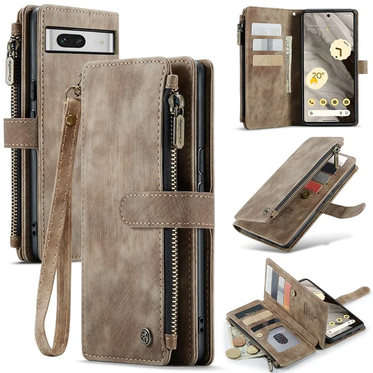 CASEME C30-Serie für Google Pixel 7a PU-Leder-Reißverschlusstasche Kartenfächer Ständer Handyhülle mit Riemen - Braun
