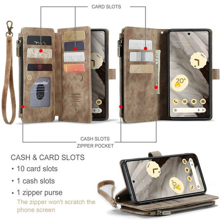 CASEME C30-Serie für Google Pixel 7a PU-Leder-Reißverschlusstasche Kartenfächer Ständer Handyhülle mit Riemen - Braun